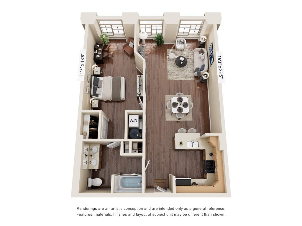 One-bedroom floor plan with living room, kitchen, bedroom, bathroom, walk-in closet and laundry area labeled