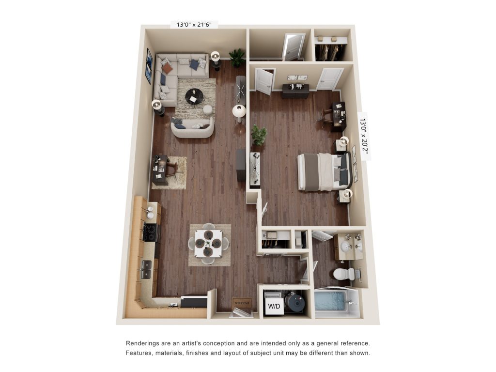 One-bedroom apartment floor plan showing living room, kitchen, dining area, bedroom, bathroom, and laundry closet