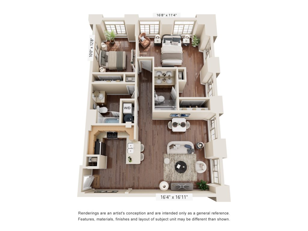 Two-bedroom apartment floor plan with two bathrooms, kitchen, living and dining areas, and laundry closet.