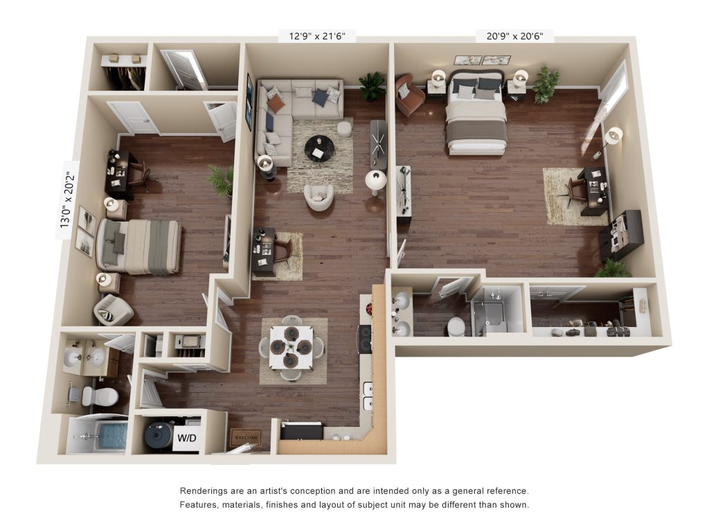 Two-bedroom apartment floor plan with living room, kitchen, dining area, two bathrooms, and laundry closet