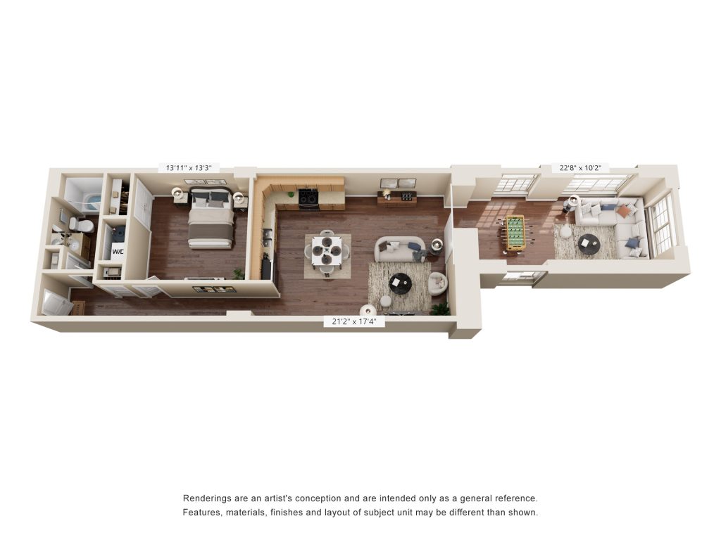 Floor plan of a one-bedroom apartment with bedroom, kitchen, living area, bathroom, and separate lounge with game room