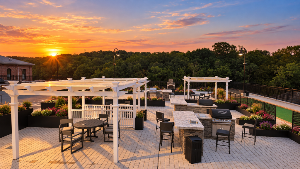 Rooftop patio with pergolas, seating areas, and outdoor grill stations overlooking trees at sunset at South Mill Lofts